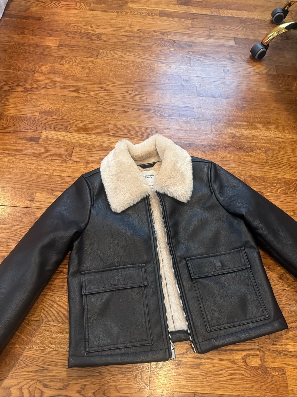 Abercrombie Women’s Vegan Leather Black Jacket with Cream Sherpa Collar